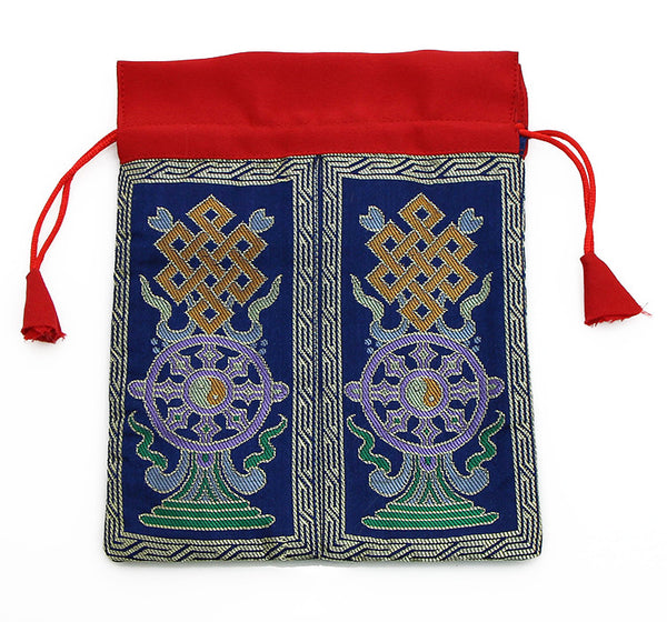Mala Bag Blue Brocade Silk with Dharma Wheel Symbol