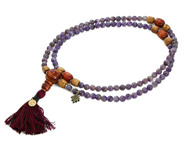 Buddhist Mala Beads with Amethyst and Tulipwood Top View