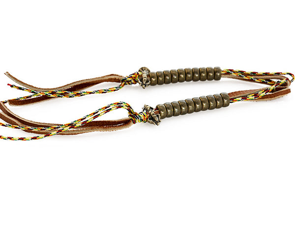 Buddhist Mala Counters Knotted Leather and Tibetan Prayer String Left Side