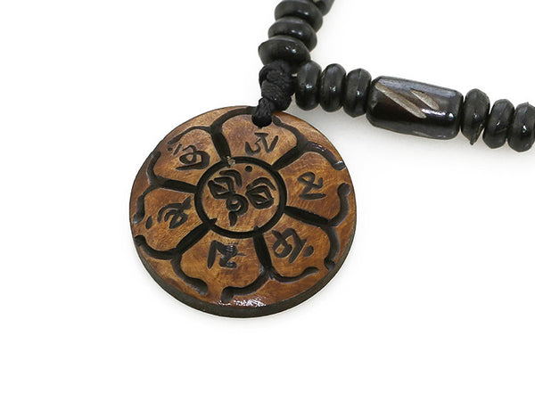 Tibetan Buddhist Necklace Carved Lotus Mantra Pendant Close Up