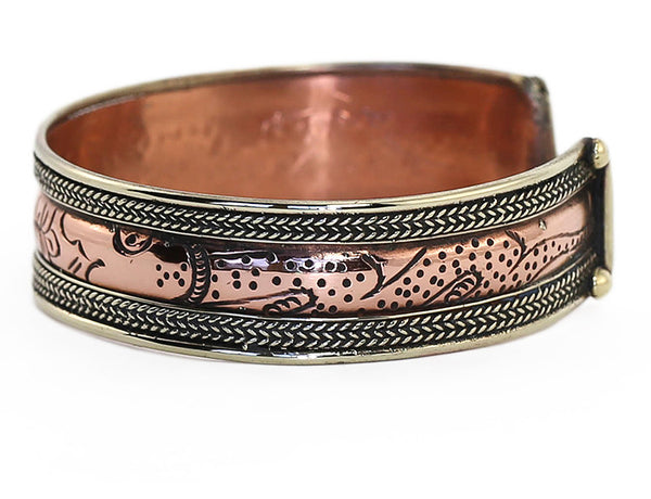 Copper Tibetan Cuff Bracelet Engraved Lotus Close Up