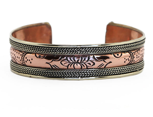 Copper Tibetan Cuff Bracelet with Engraved Lotus Design