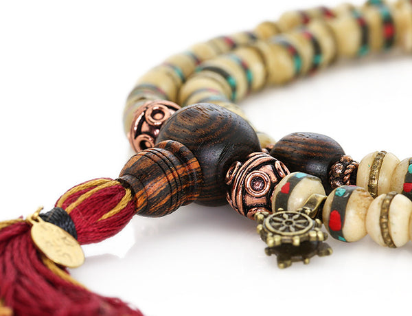 Tibetan Mala Beads with White Inlaid Bone and Bocote Wood