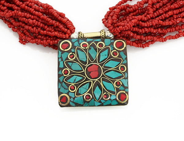 Nepalese Ethnic Necklace with Pote Glass and Inlaid Pendant Close Up