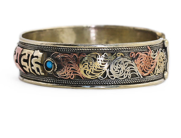 Silver Tibetan Cuff Bracelet Mantra and Scrollwork Side View