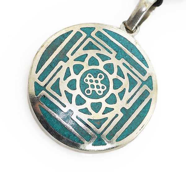 Silver Tibetan Pendant with Turquoise Endless Knot and Mandala Design