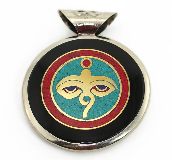 Tibetan Buddhist Pendant with Gemstone Inlaid Buddha Eyes