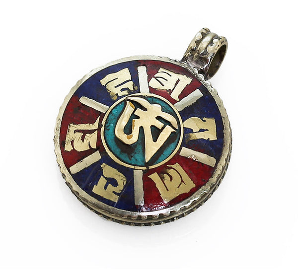 Tibetan Buddhist Pendant with Powdered Gemstone Inlaid Brass Mantra