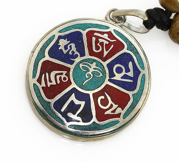 Tibetan Buddhist Pendant with Silver and Turquoise Lotus Buddha Eyes Design