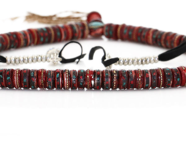 Tibetan Buddhist Mala Beads Red Inlaid Bone Close Up