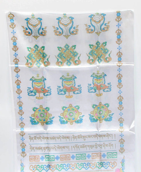 Tibetan Kata Silk Scarf with Colorful Buddhist Symbols