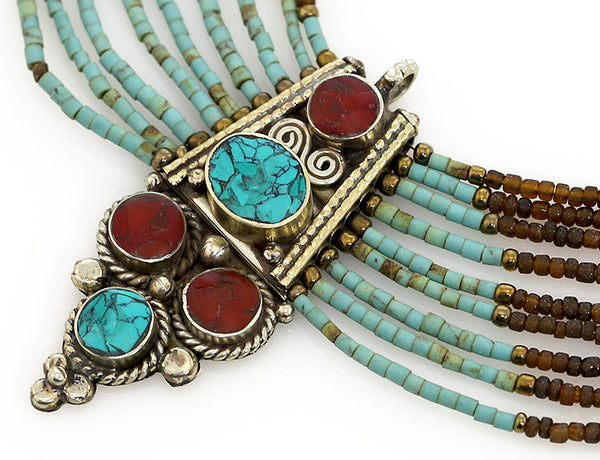 Beaded Tibetan Necklace Antiqued Pendant Close Up