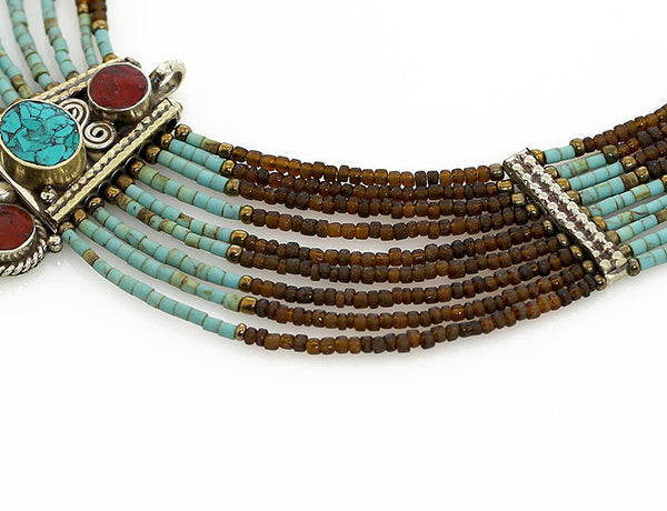 Beaded Tibetan Necklace Turquoise and Quartz Close Up