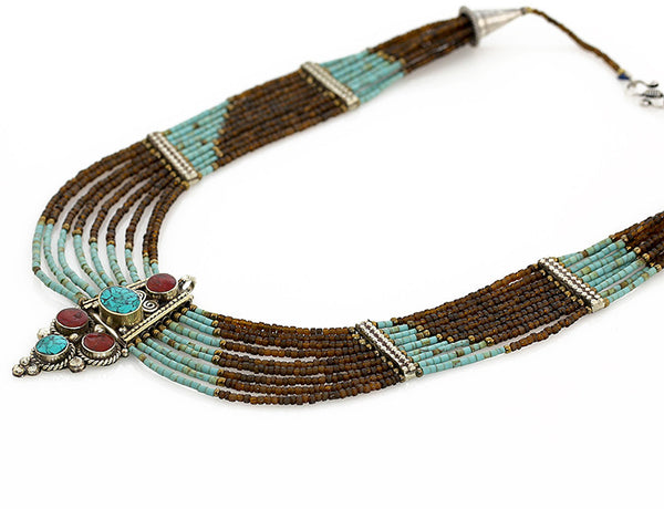 Beaded Tibetan Necklace Turquoise and Smokey Quartz Side View