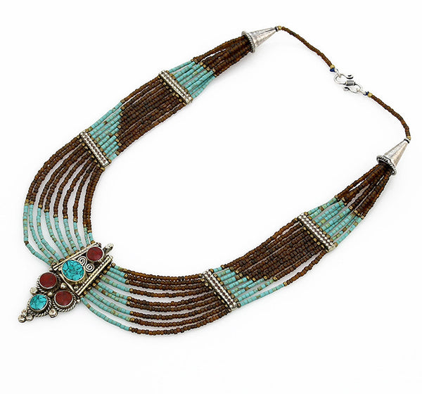 Beaded Tibetan Necklace with Turquoise and Quartz