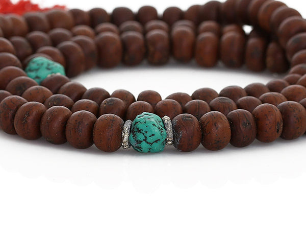 Bodhi Seed Buddhist Mala Beads with Turquoise Close Up