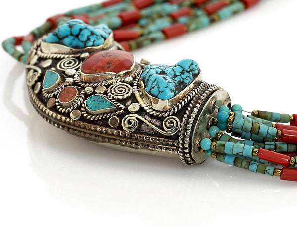 Bohemian Tibetan Necklace Huge Antiqued Silver Pendant Side View