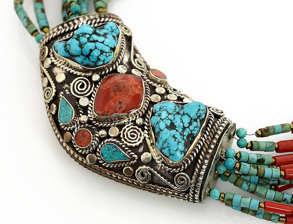 Bohemian Tibetan Necklace Large Antiqued Silver Pendant Close Up