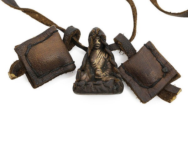 Buddha Necklace with Leather Buddha Wrapped Statue Close Up
