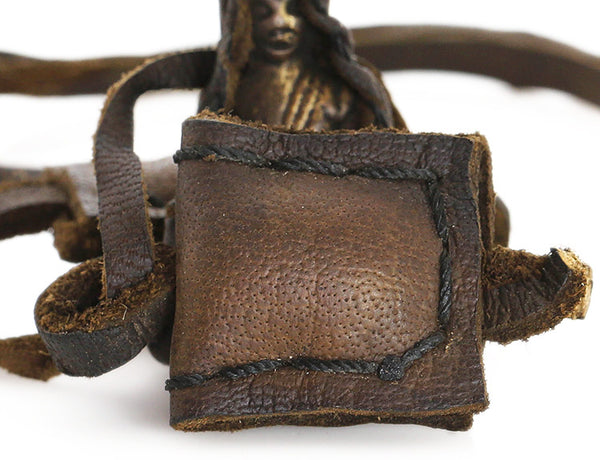 Buddha Necklace with Leather Herb Satchels Close Up