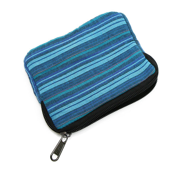 Padded Mala Bag Blue Striped Indian Cotton with Zipper Closure