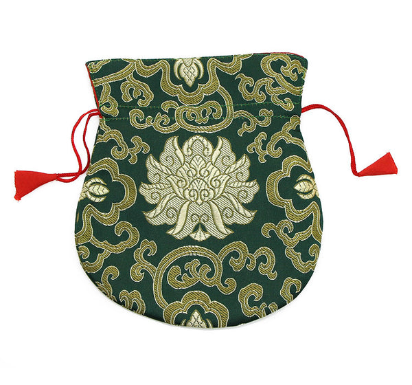 Mala Bag  Dark Green Brocade Silk with Gold Lotus Design