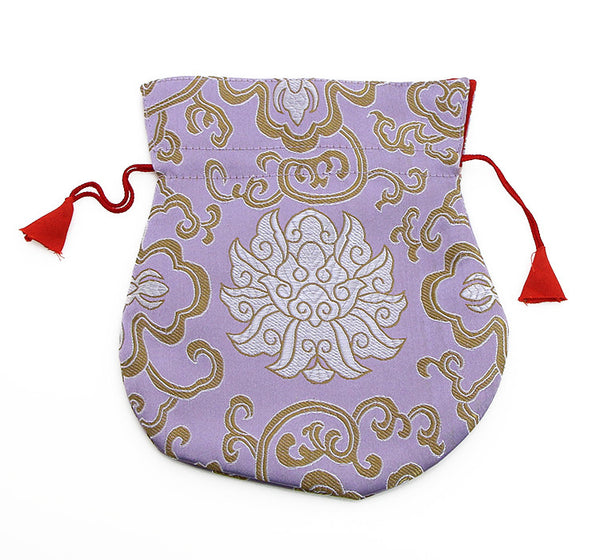 Mala Bag Pink Brocade Silk with Gold Lotus Design