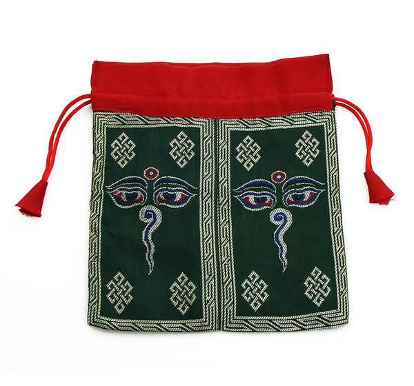Mala Bag Eyes of Wisdom Symbol on Dark Green Brocade Silk