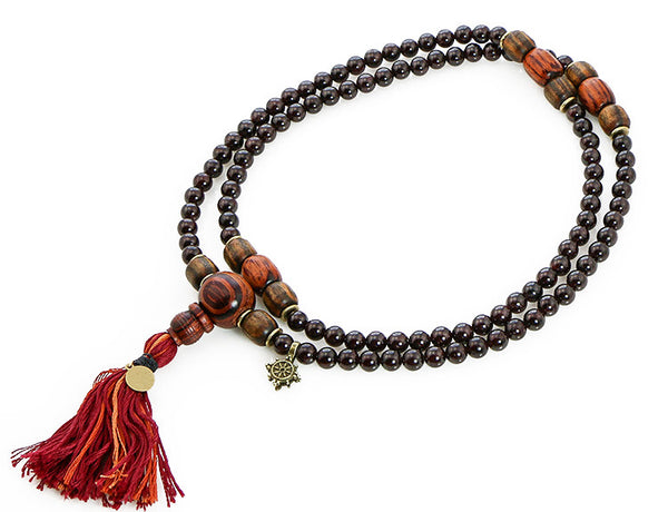 Buddhist Mala Bead with Garnet and Rengas Tiger Wood Top View