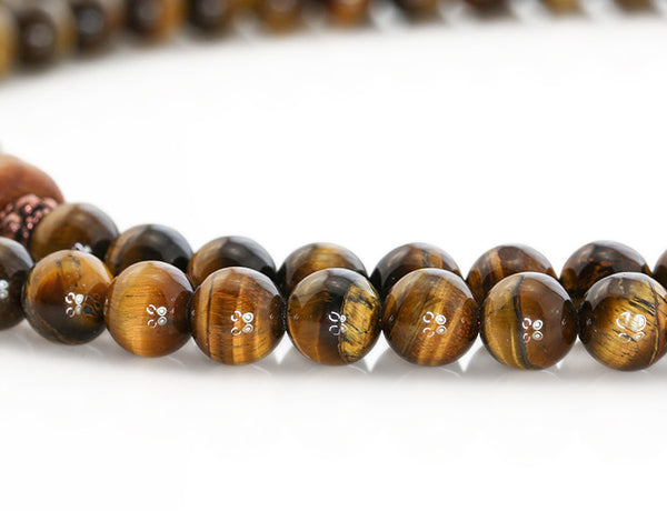 Buddhist Mala Beads Tigereye and Kingwood Close Up