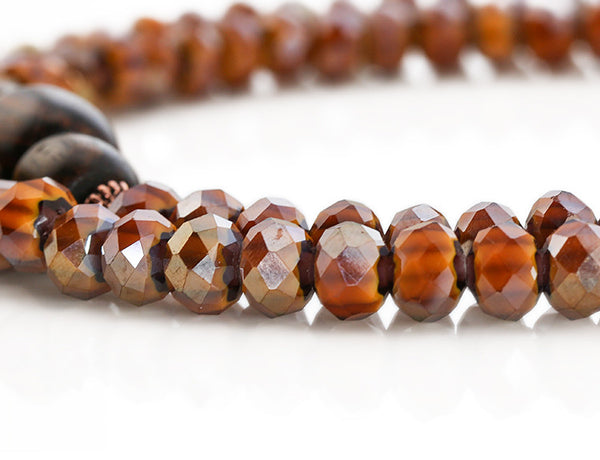 Buddhist Mala Beads with Amber Italian Glass and Bocote Wood Close Up