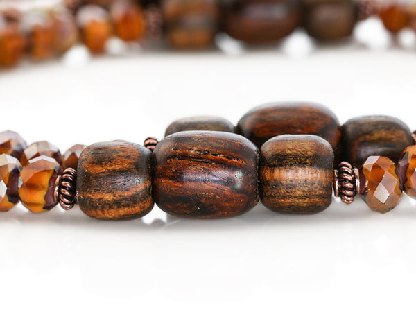 Buddhist Mala Beads with-Amber Italian Glass and Cocobolo Wood Marker Beads