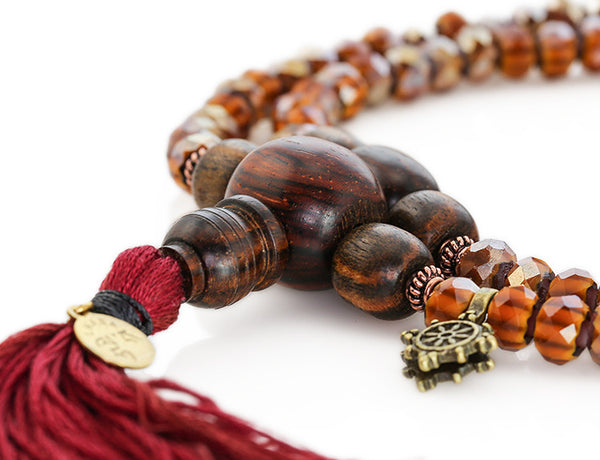 Buddhist Mala Beads with Amber Italian Glass and Cocobolo Wood