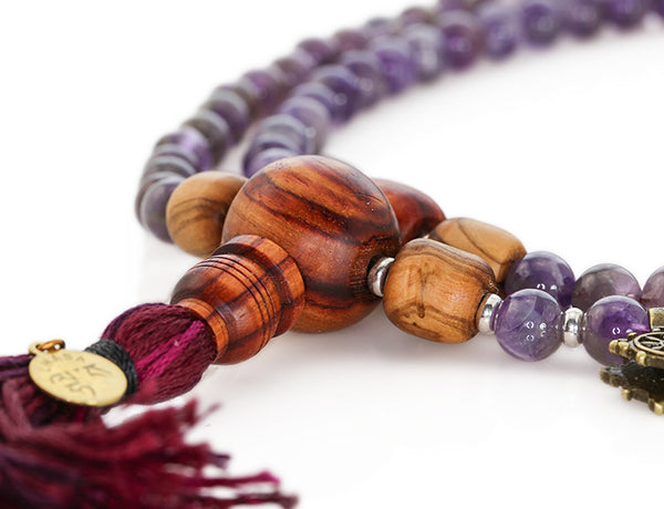 Buddhist Mala Beads with Amethyst Olivewood and Tulipwood