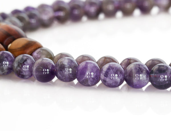 Buddhist Mala Beads with Amethyst and Tulipwood Close up