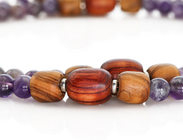 Buddhist Mala Beads with Amethyst and Tulipwood Marker Beads