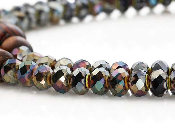 Buddhist Mala Beads with Black Italian Glass and Rengas Tiger Wood Close Up