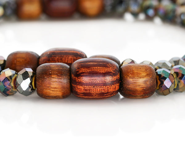 Buddhist Mala Beads with Black Italian Glass and Rengas Tiger Wood Marker Beads