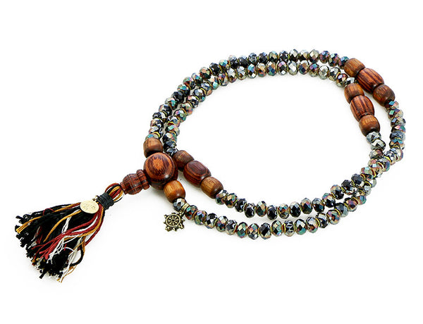 Buddhist Mala Beads with Black Italian Glass and Rengas Tiger Wood Top View