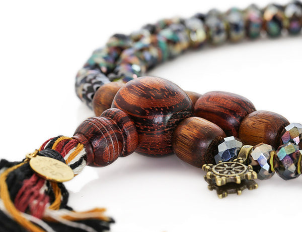 Buddhist Mala Beads with Black Italian Glass and Rengas Tiger Wood