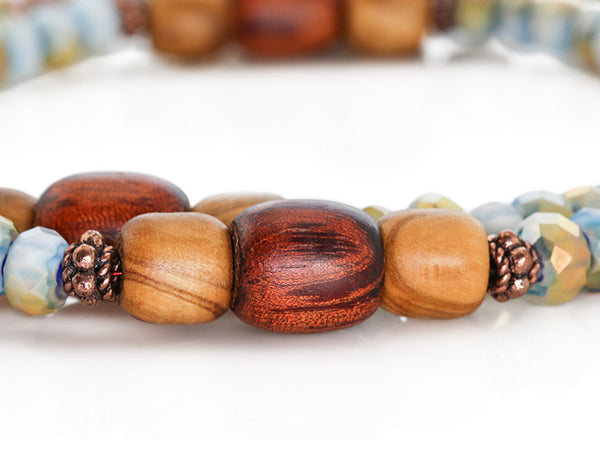 Buddhist Mala Beads with Blue Italian Glass and Rengas Tiger Wood Marker Beads