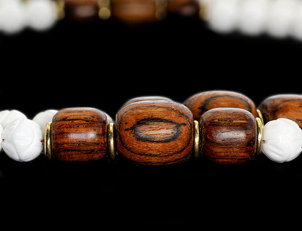 Buddhist Mala Beads with Carved Shell and Bocote Wood Marker Beads