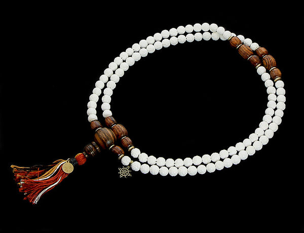 Buddhist Mala Beads with Carved Shell and Bocote Wood Top View