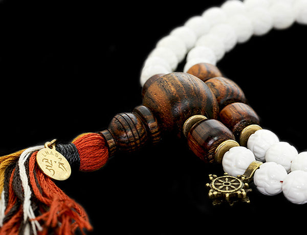 Buddhist Mala Beads with Carved Shell and Bocote Wood