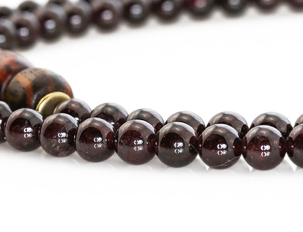Buddhist Mala Beads with Garnet and Rengas Tiger Wood Close Up