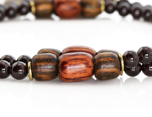 Buddhist Mala Beads with Garnet and Rengas Tiger Wood Marker Beads