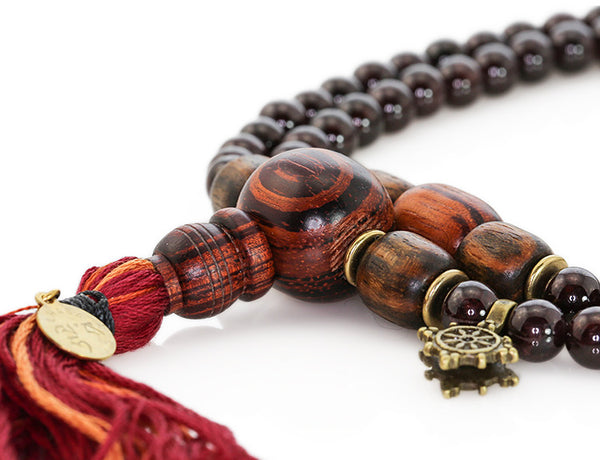 Buddhist Mala Beads with Garnet and Rengas Tiger Wood
