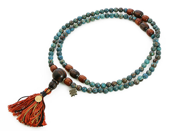 Buddhist Mala Beads with Ocean Agate and Ebony Wood Top View