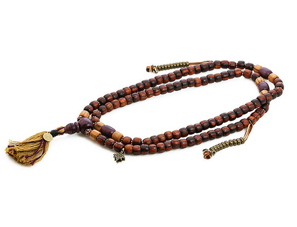 Buddhist Mala Beads with Purpleheart and Rengas Tiger Wood Top View