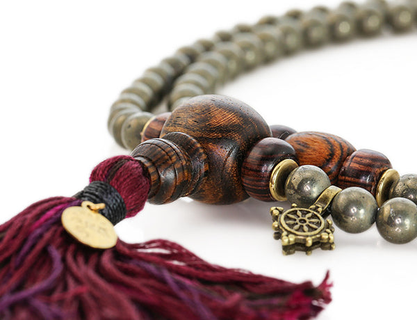 Buddhist Mala Beads with Pyrite Bocote Wood and Kingwood